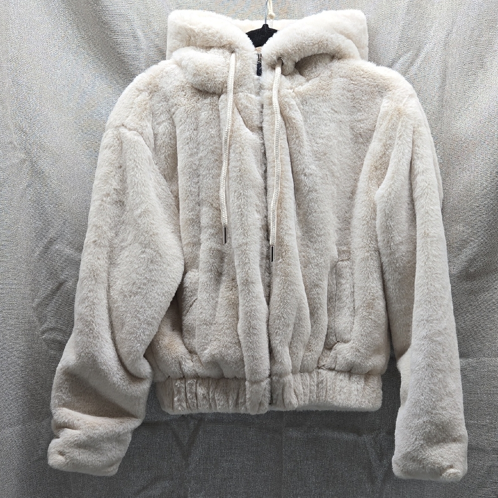 Cropped Hooded Jacket, Stoosh, Small, Faux Fur, Pockets, Elastic Waist, Zip Up
